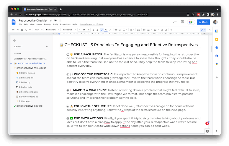 Retrospective Checklist template preview